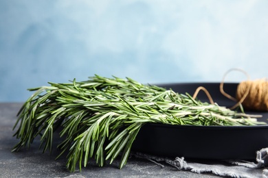 Photo of Plate with fresh rosemary twigs on table, closeup