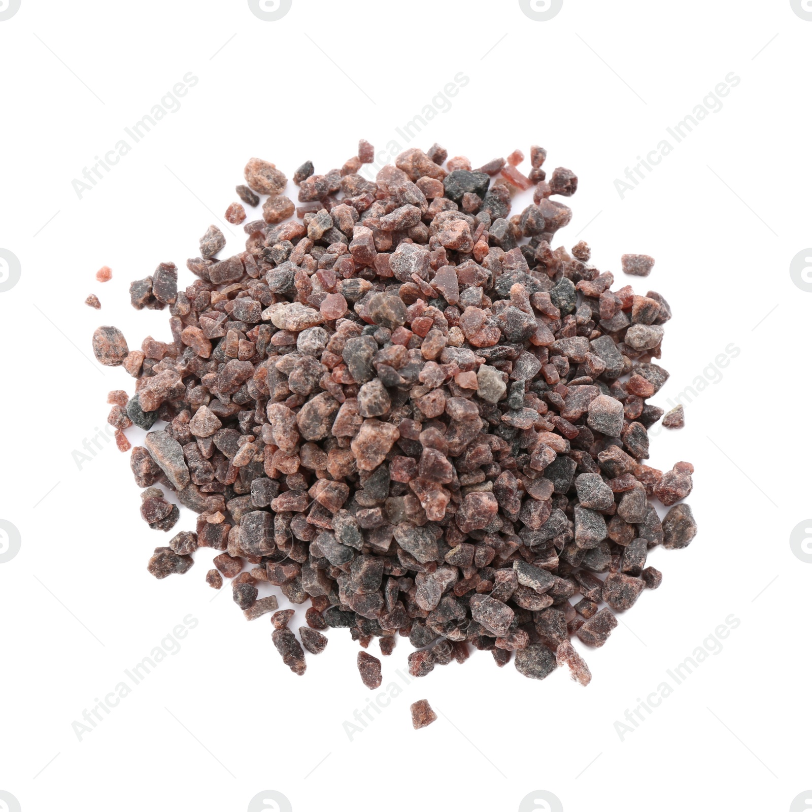 Photo of Pile of Himalayan black salt isolated on white, top view