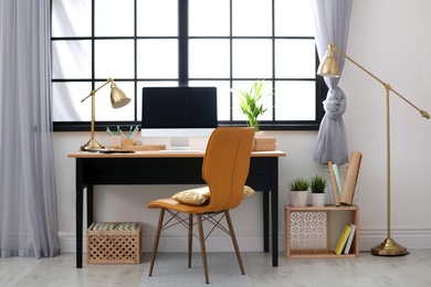 Modern home workplace with wooden crates. Eco style interior