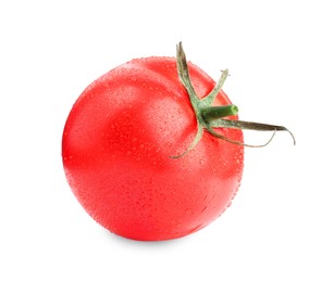 Photo of One red ripe tomato with water drops isolated on white