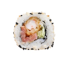 Tasty sushi roll with shrimp isolated on white, top view