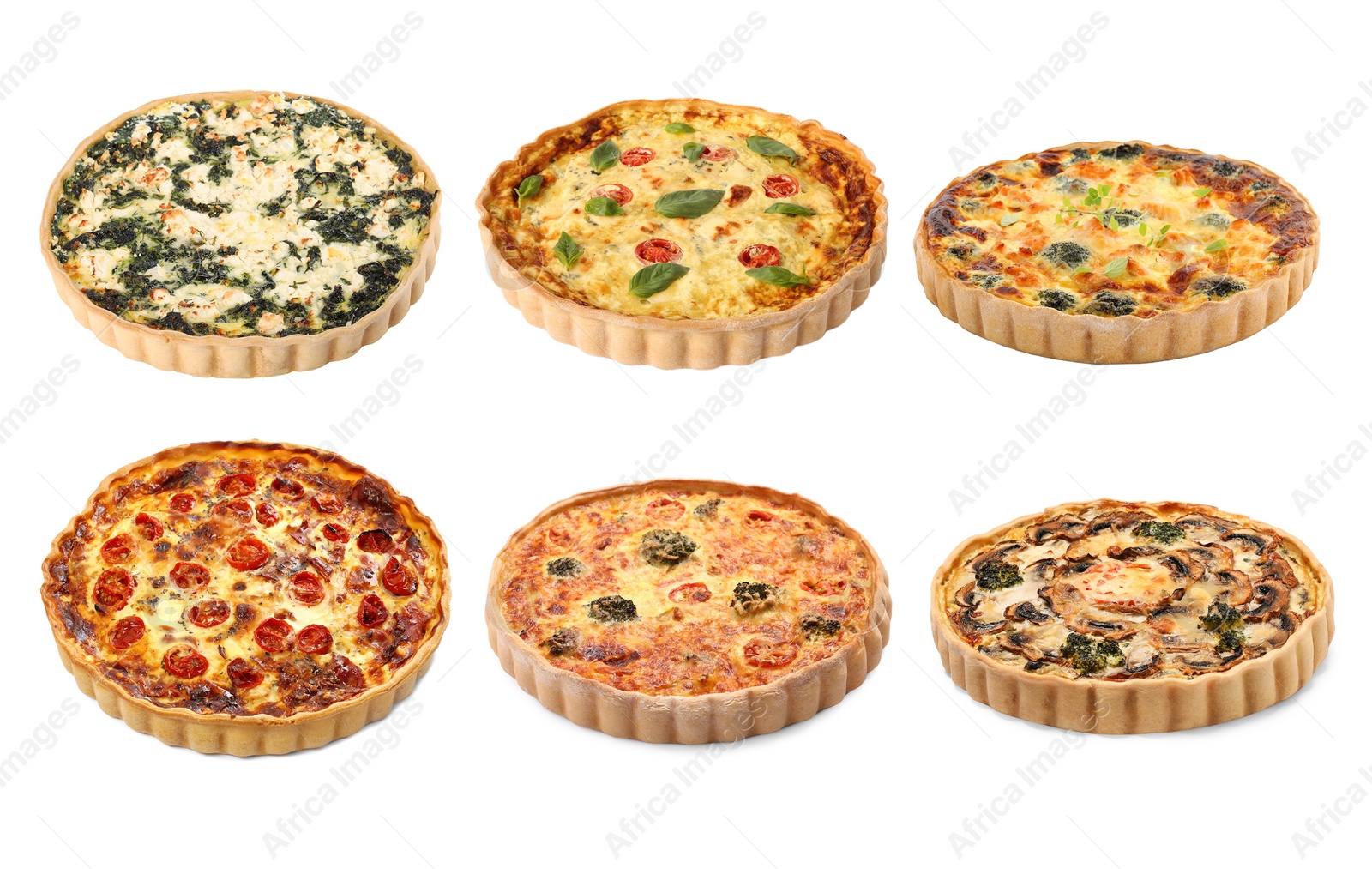 Image of Different tasty quiches isolated on white, set