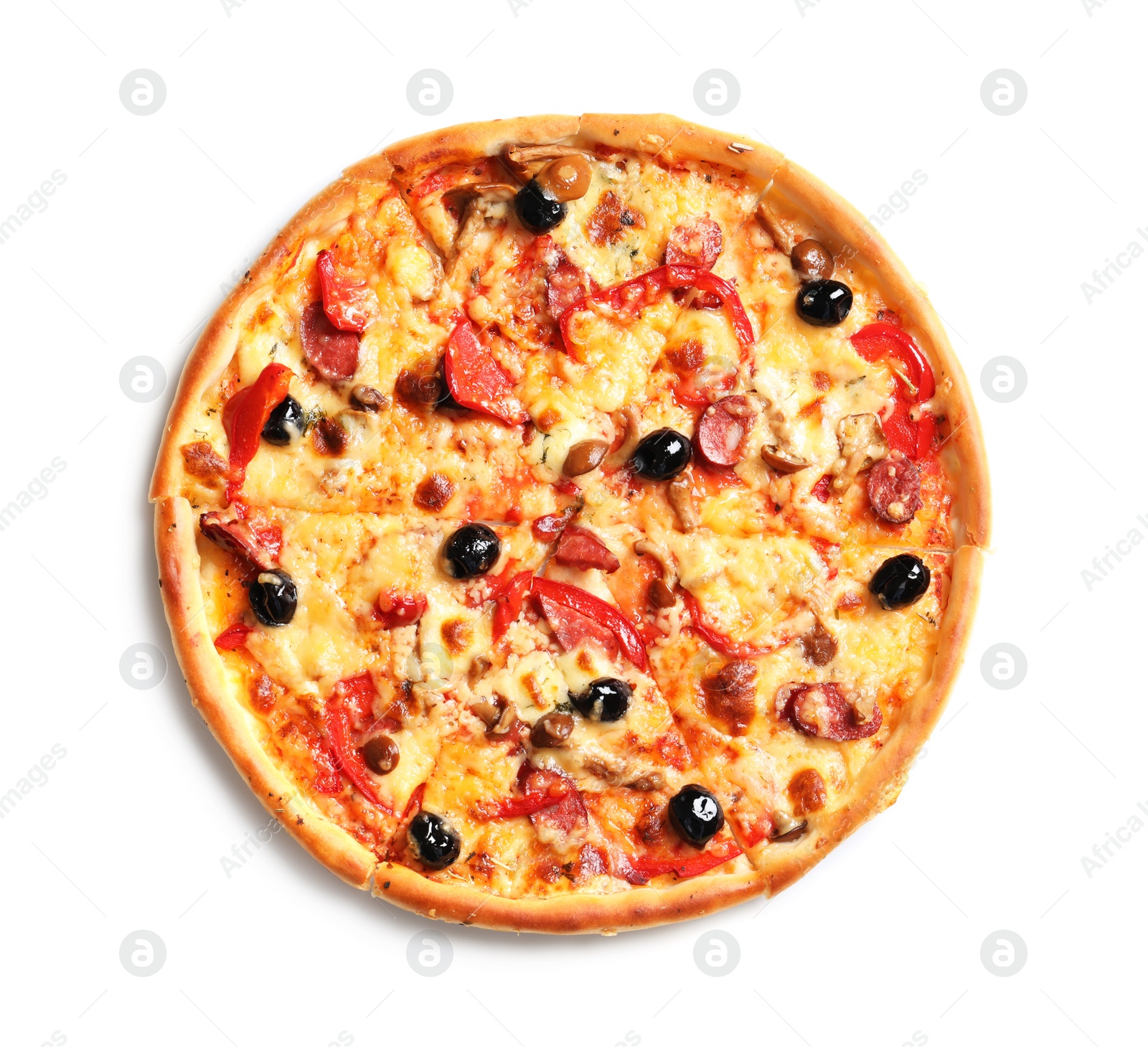 Photo of Delicious pizza with olives and sausages on white background