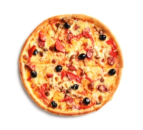 Delicious pizza with olives and sausages on white background