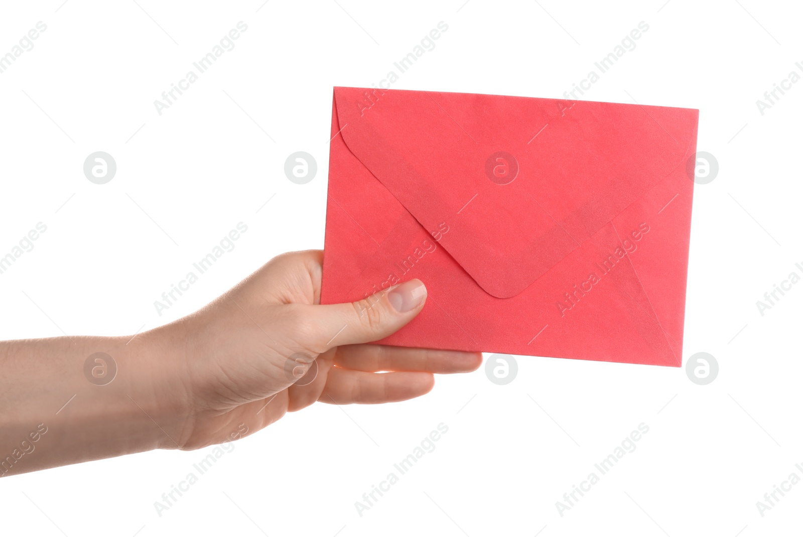 Photo of Woman holding red paper envelope on white background, closeup