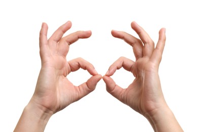 Photo of Woman holding something in hands on white background, closeup