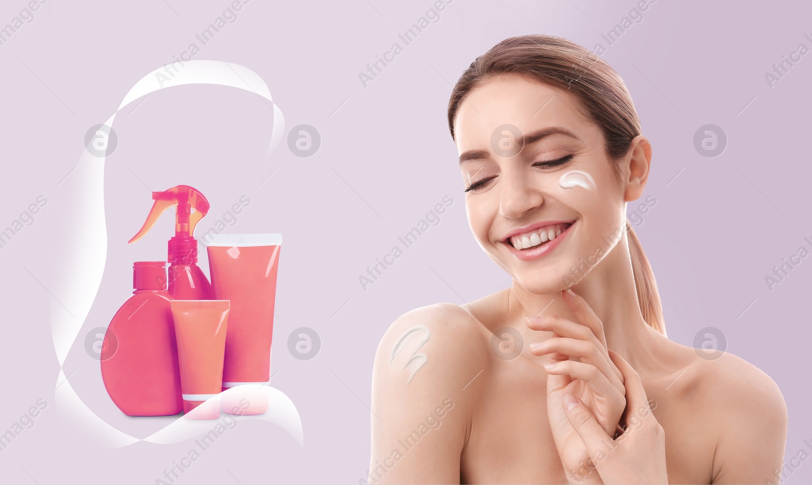 Image of Young woman and containers with sun protection cream on light background