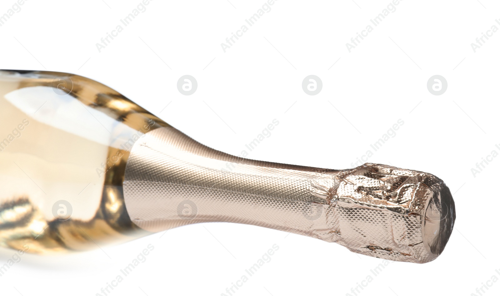 Photo of Bottle of sparkling wine on white background, closeup