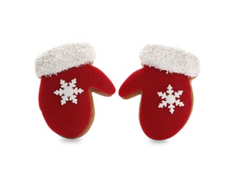 Photo of Christmas cookies in shape of mittens on white background