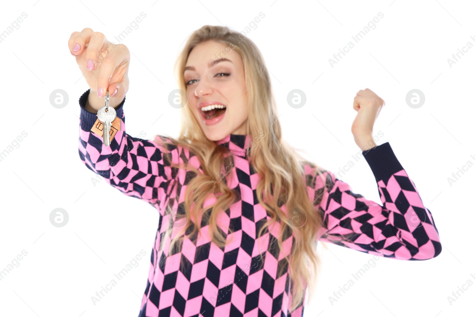 Photo of Happy young woman with house key on white background