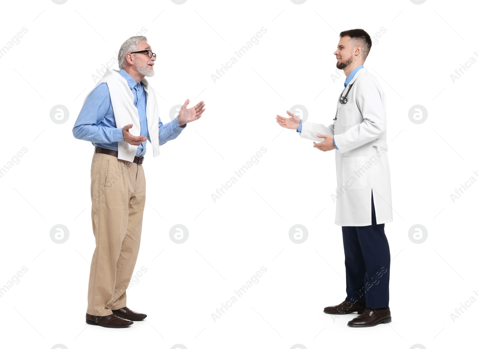 Image of Doctor and senior man talking on white background. Dialogue