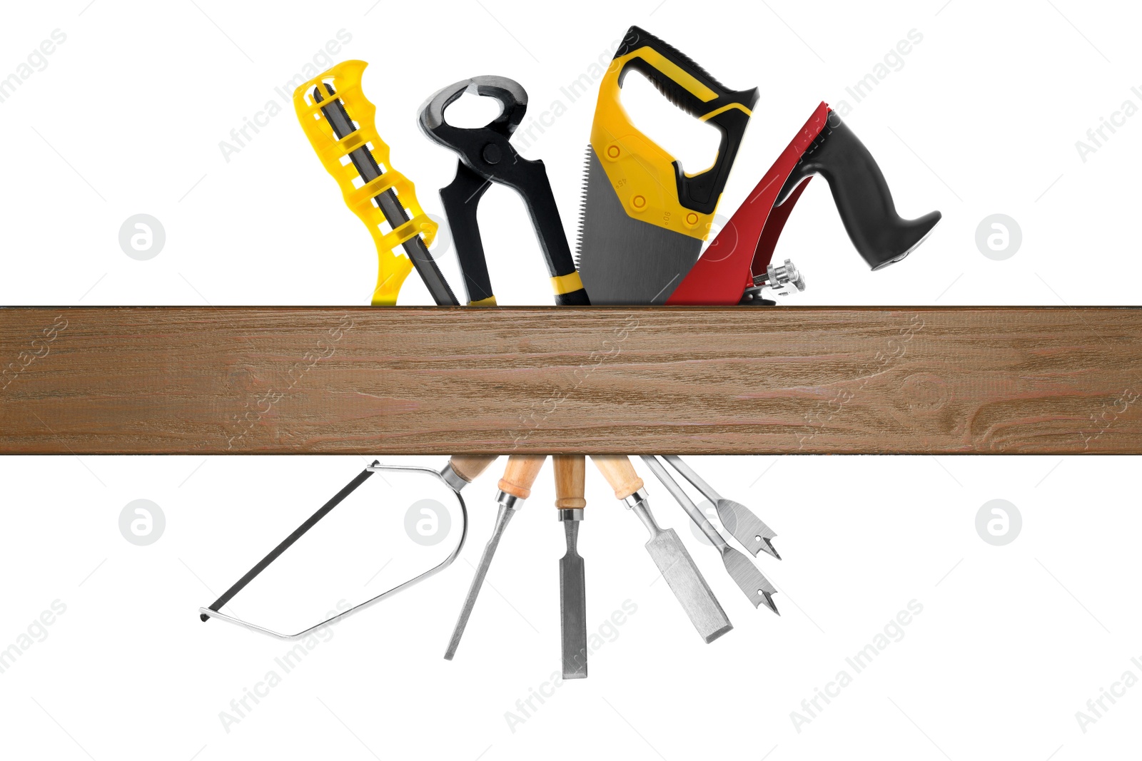 Image of Carpentry tools and wooden surface on white background, collage