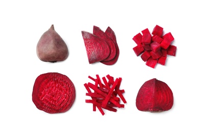 Photo of Composition with whole and cut beets on white background, top view