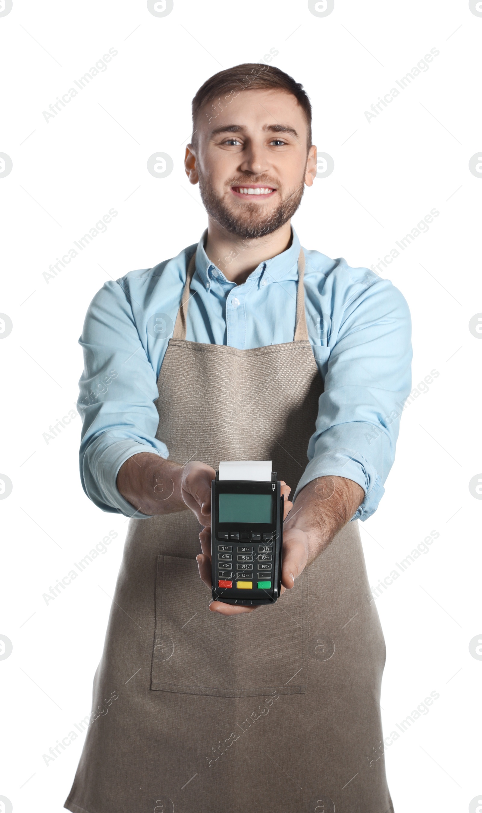 Photo of Young seller holding payment terminal isolated on white