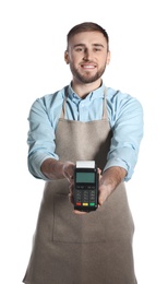 Young seller holding payment terminal isolated on white