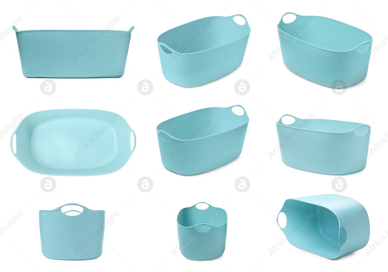 Turquoise laundry basket on white background, view from different sides Image of Turquoise laundry basket on white background, view from different sides