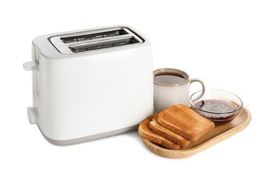 Toaster, roasted bread with jam and tea on white background