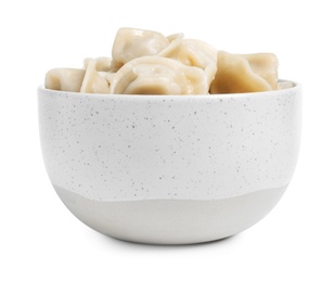 Photo of Tasty dumplings in bowl isolated on white