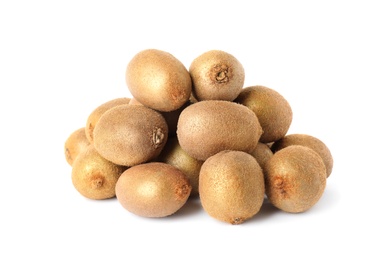 Pile of whole fresh kiwis on white background