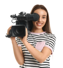 Operator with professional video camera on white background