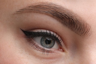 Photo of Makeup product. Woman with black eyeliner and beautiful eyebrow, closeup