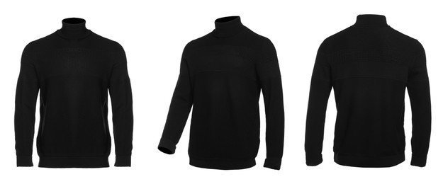 Image of Black sweater isolated on white, back and front. Mockup for design