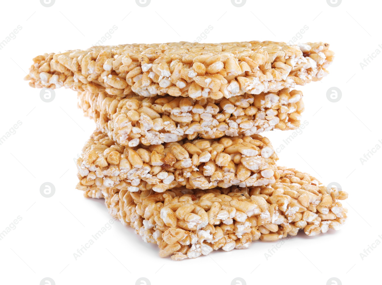 Photo of Delicious rice crispy treats on white background