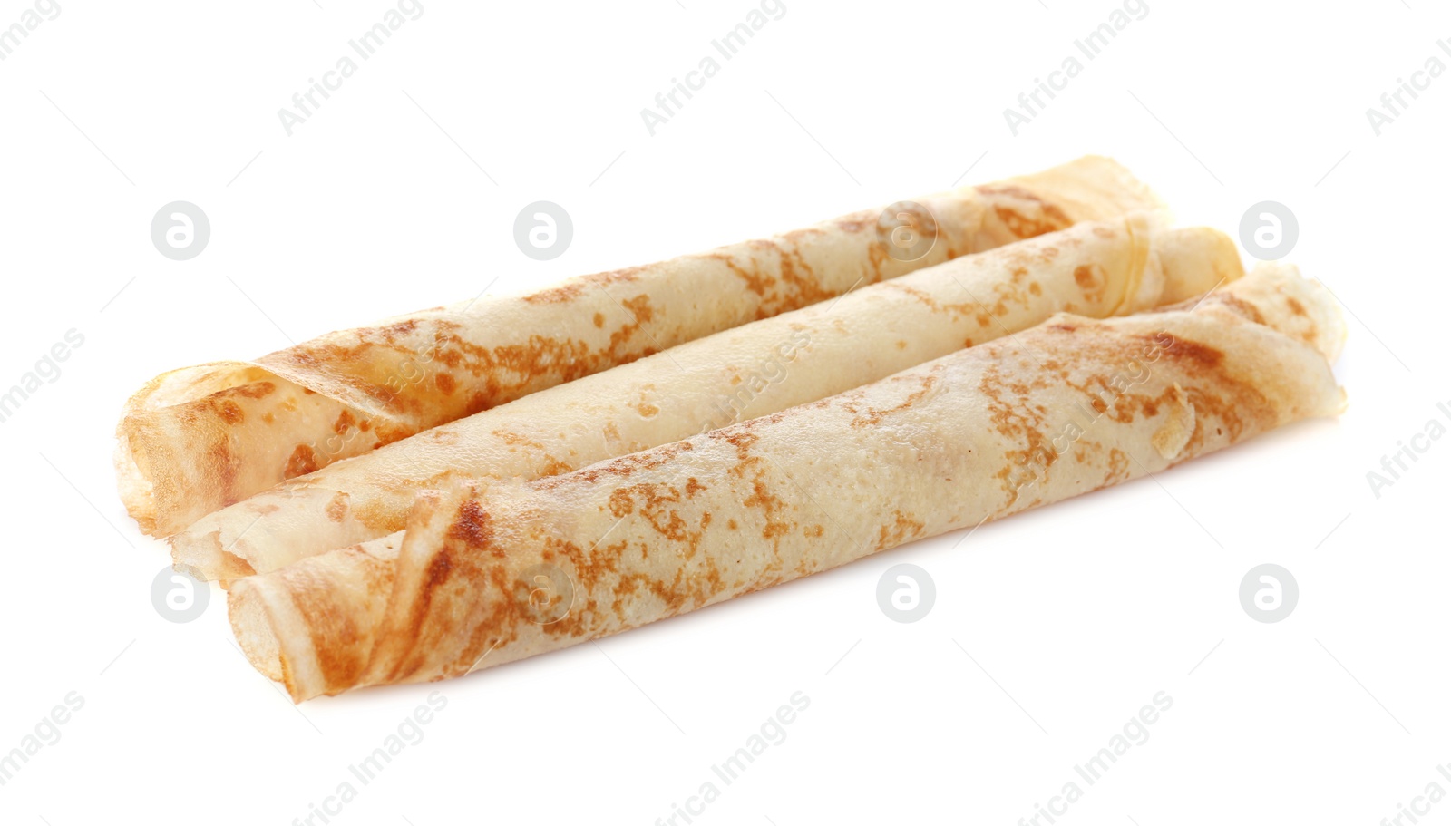 Photo of Tasty thin pancake rolls on white background