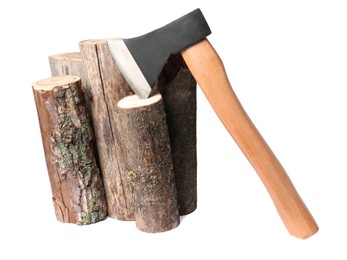 Metal ax and wood logs on white background
