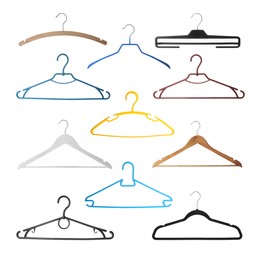 Set with different empty hangers on white background