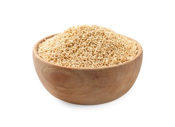 Raw quinoa in wooden bowl isolated on white