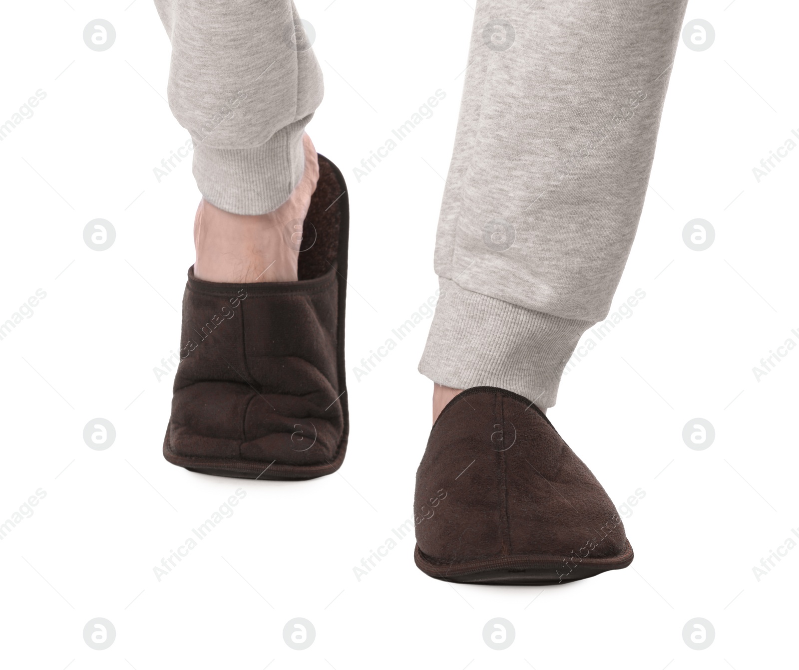 Photo of Man in soft slippers on white background, closeup