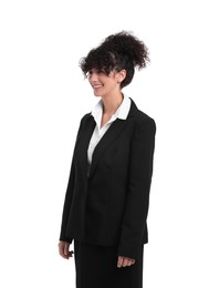 Beautiful businesswoman in suit posing on white background