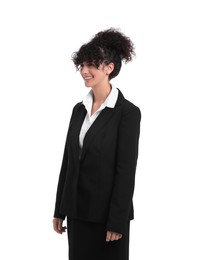 Photo of Beautiful businesswoman in suit posing on white background