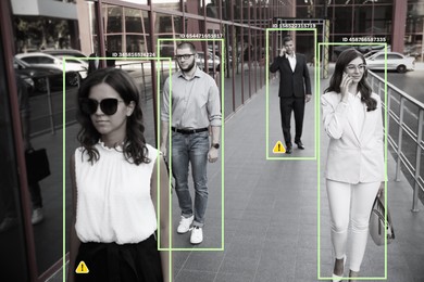 Image of Facial recognition system identifying people on city street. AI giving their personal data