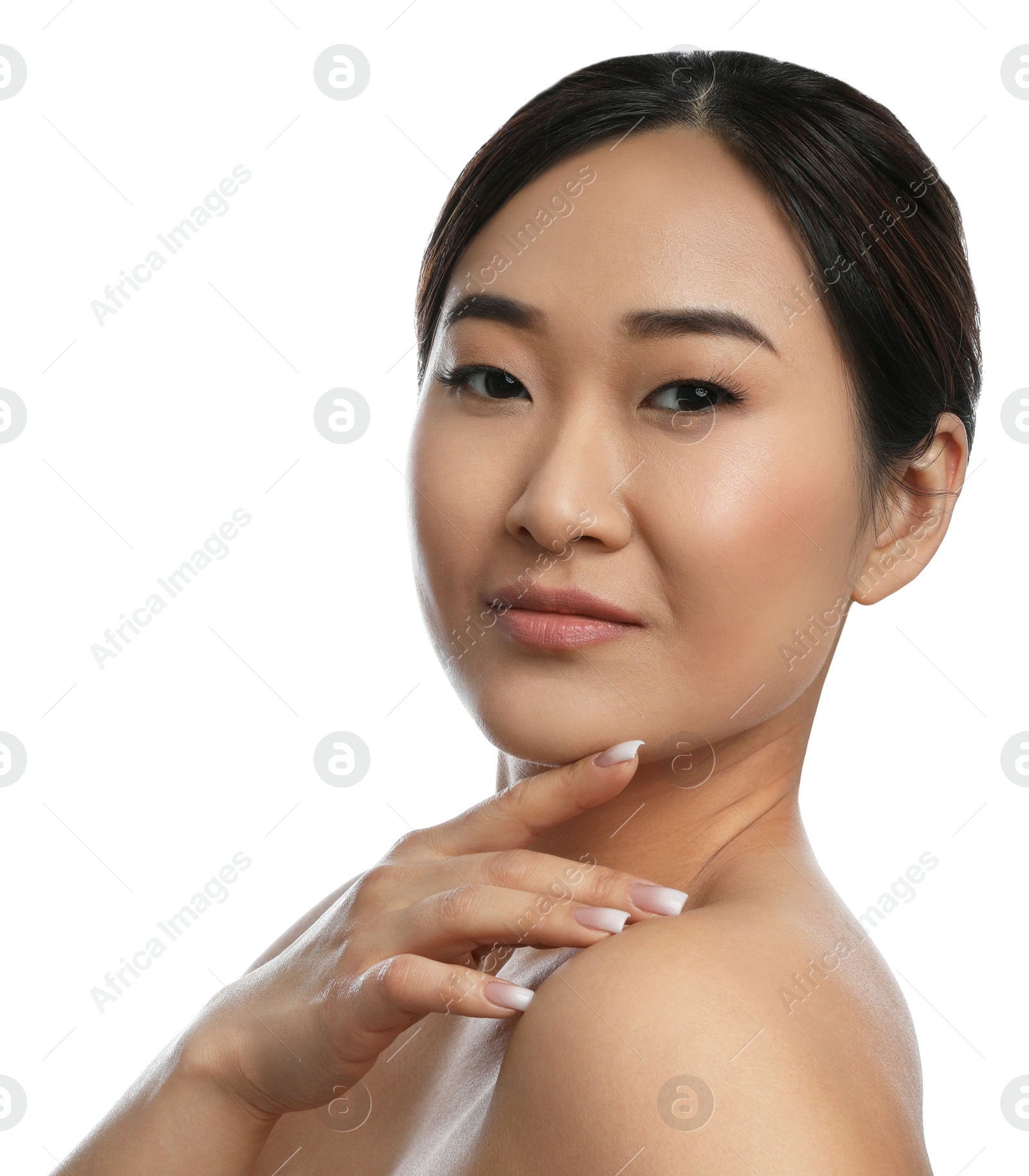 Photo of Portrait of beautiful Asian woman isolated on white. Spa treatment