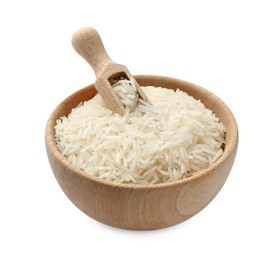 Photo of Raw basmati rice in bowl and scoop isolated on white