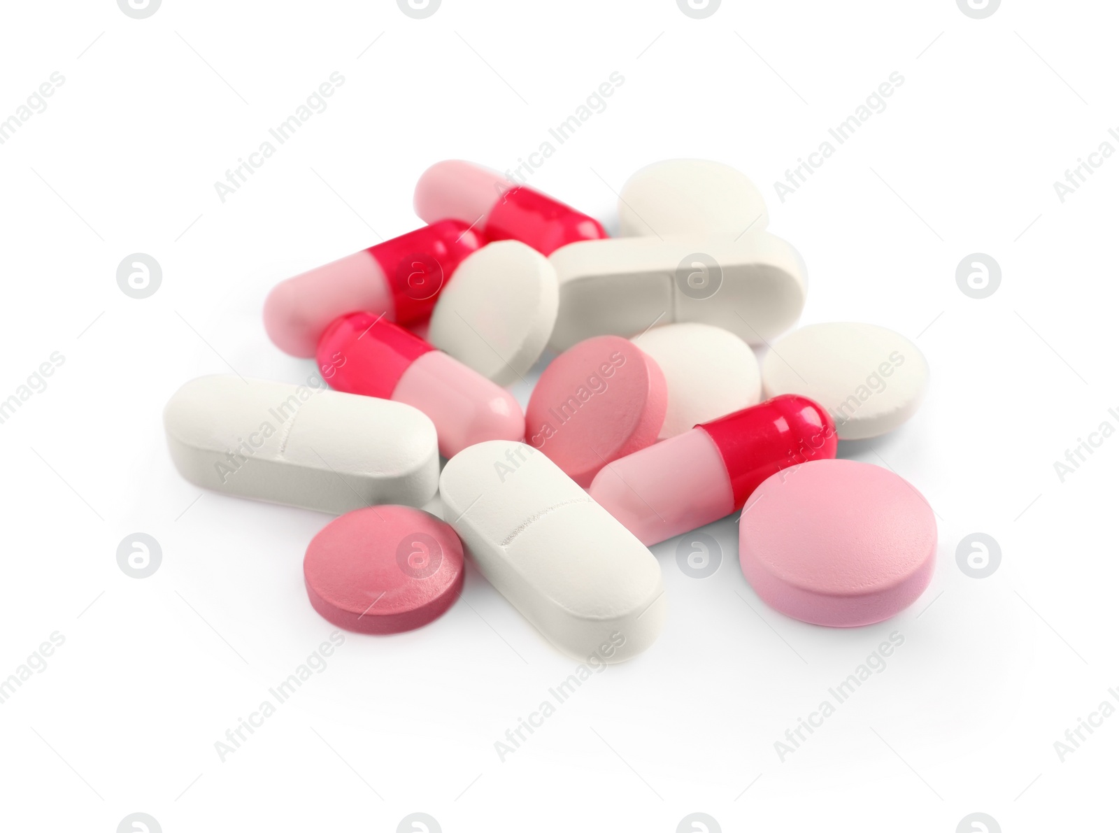 Photo of Many different pills isolated on white. Medicinal treatment