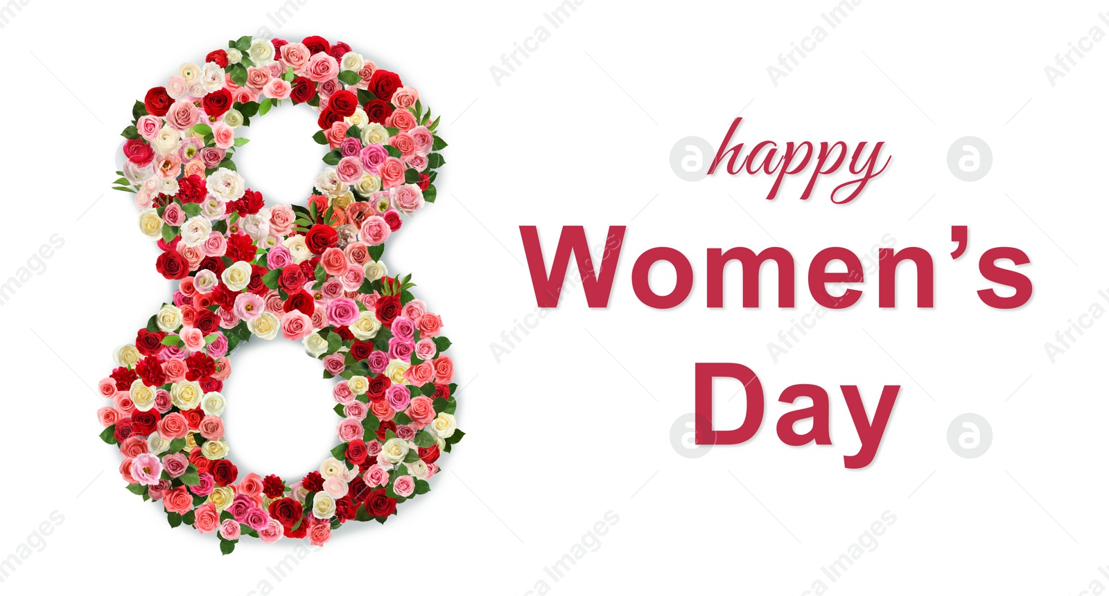 Image of Happy Women's Day greeting card design with number 8 of beautiful flowers on white background