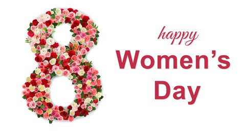 Image of Happy Women's Day greeting card design with number 8 of beautiful flowers on white background