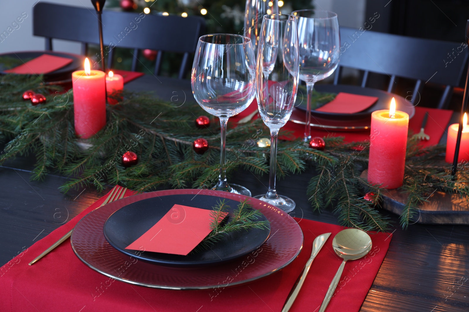 Photo of Elegant Christmas table setting with blank place cards and festive decor