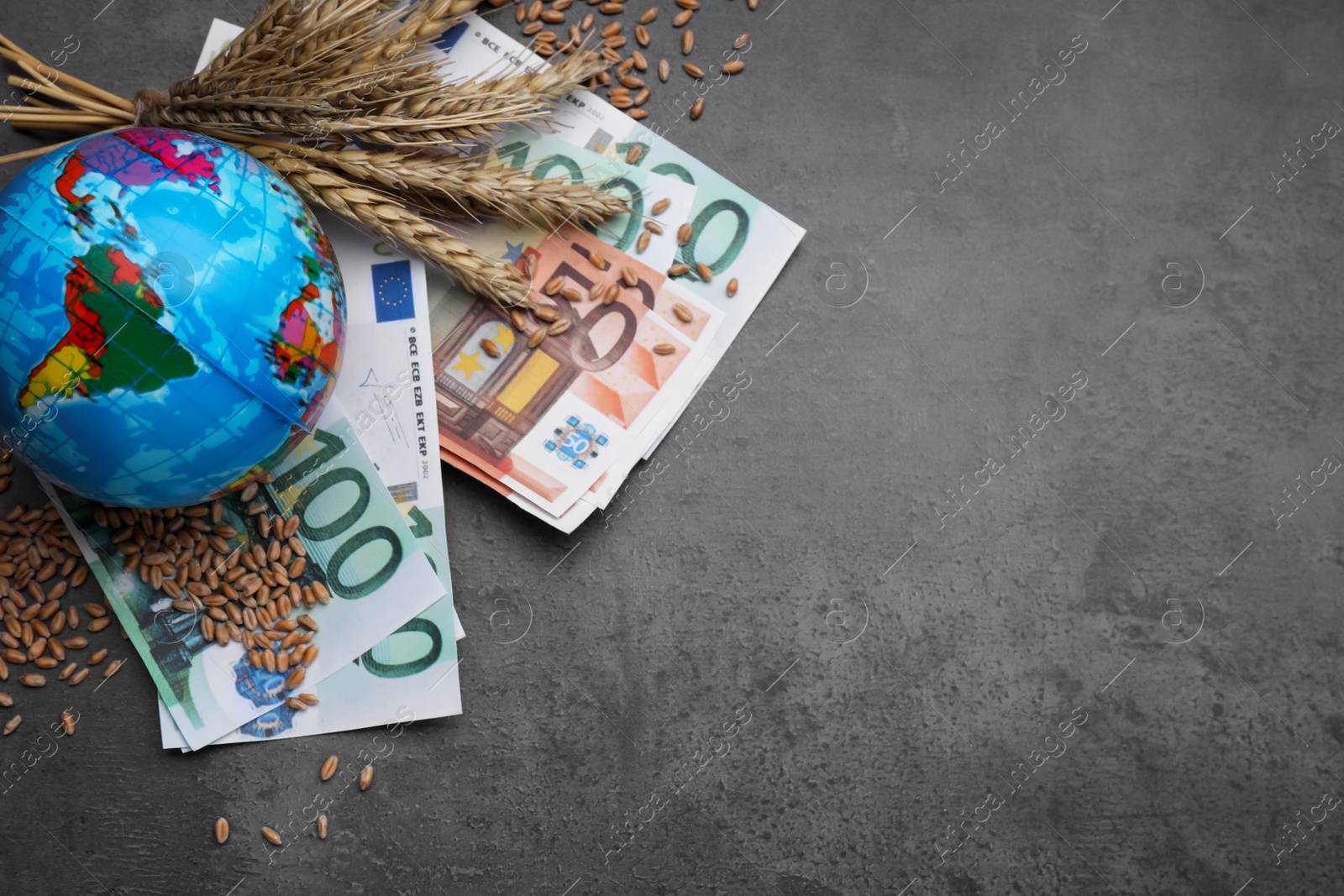 Photo of Globe, ears of wheat and banknotes on grey table, flat lay with space for text. Import and export concept