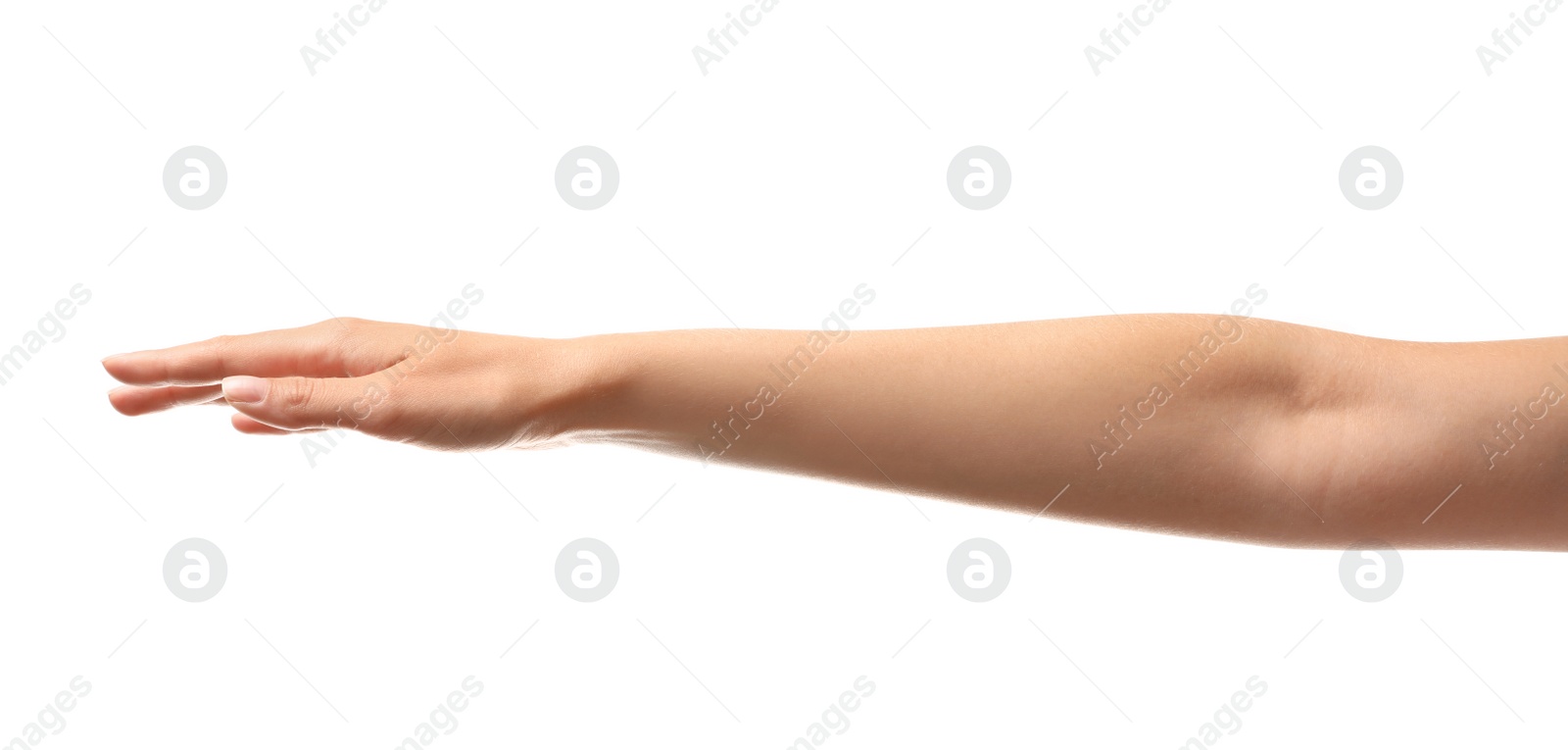 Photo of Young woman holding her hand on white background, closeup