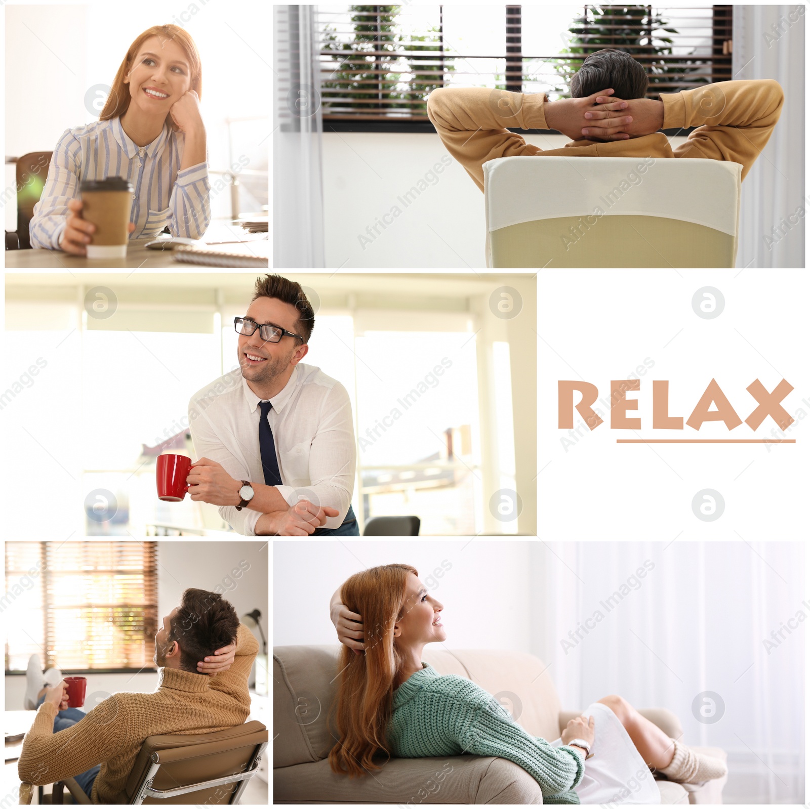 Image of Collage of different people resting indoors and word Relax