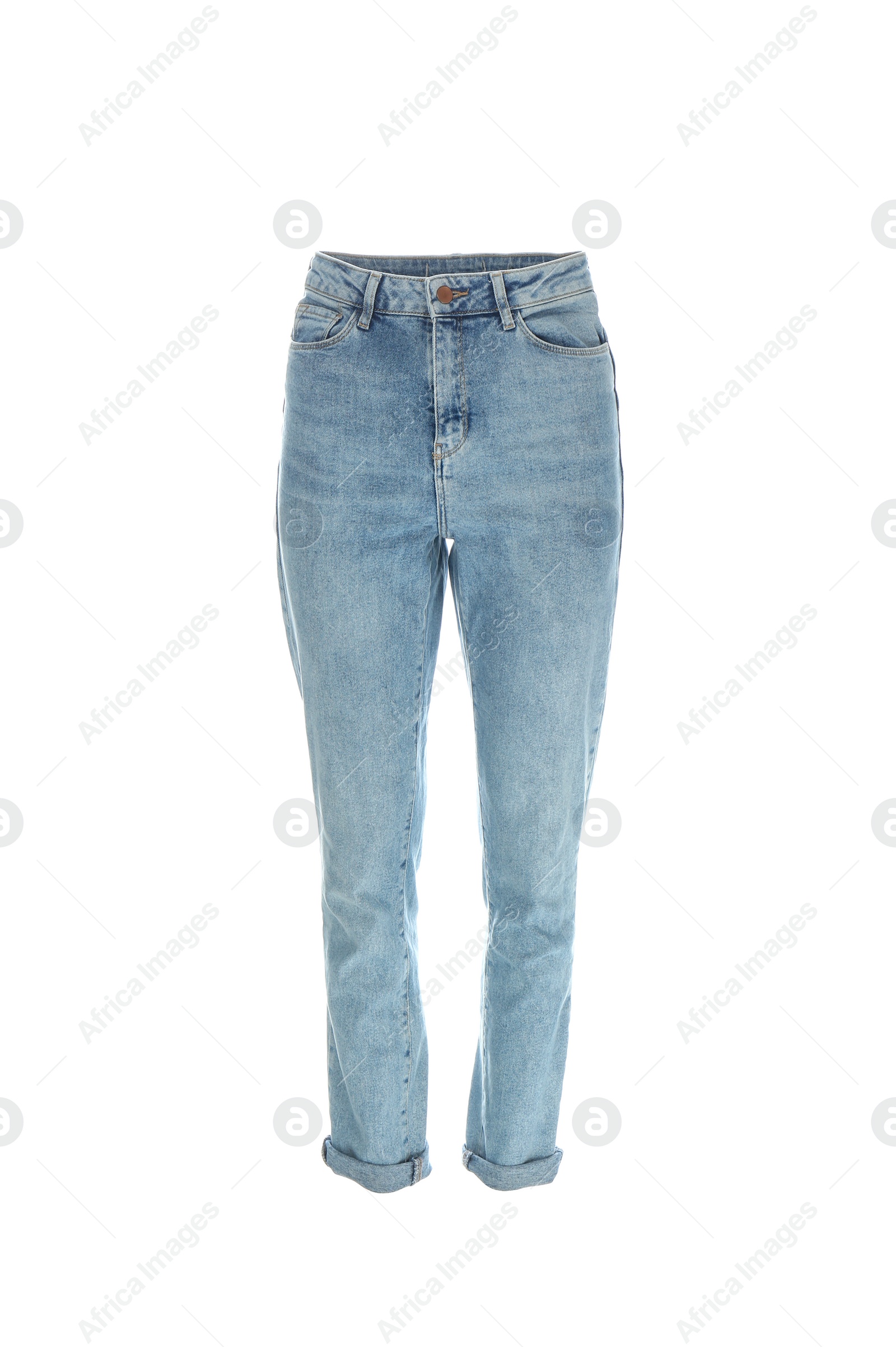 Photo of Stylish jeans on mannequin against white background. Women's clothes