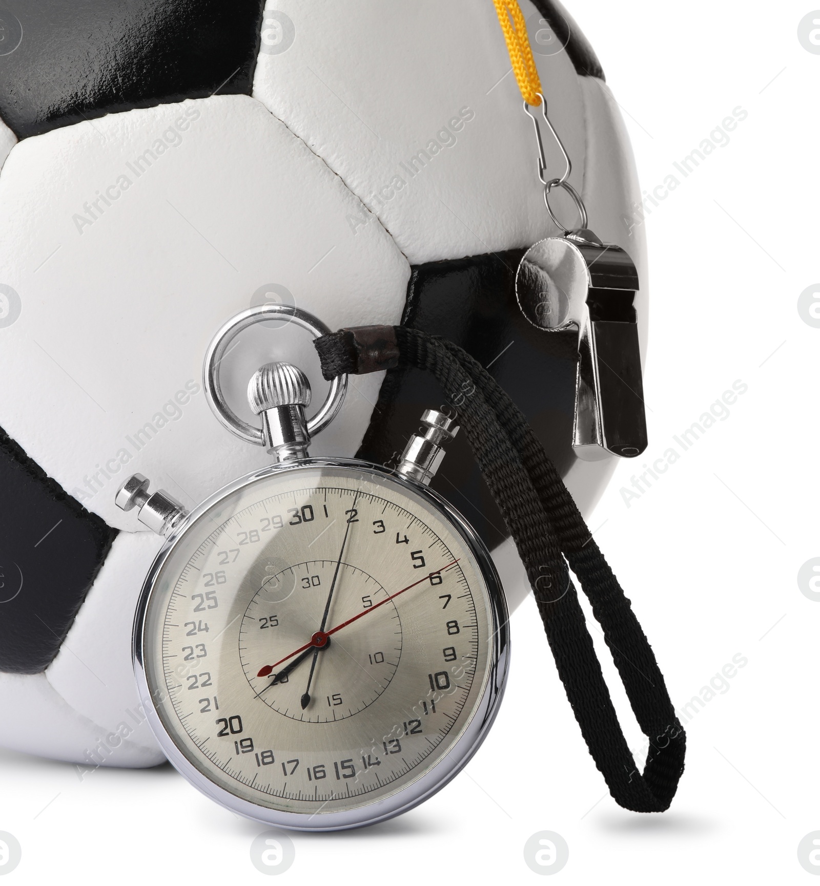 Photo of Football referee equipment. Soccer ball, stopwatch and whistle isolated on white