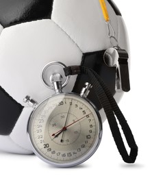 Photo of Football referee equipment. Soccer ball, stopwatch and whistle isolated on white