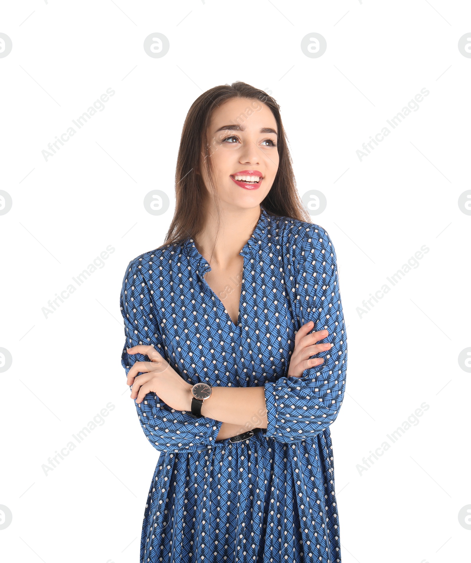 Photo of Portrait of beautiful young woman in stylish dress on white background