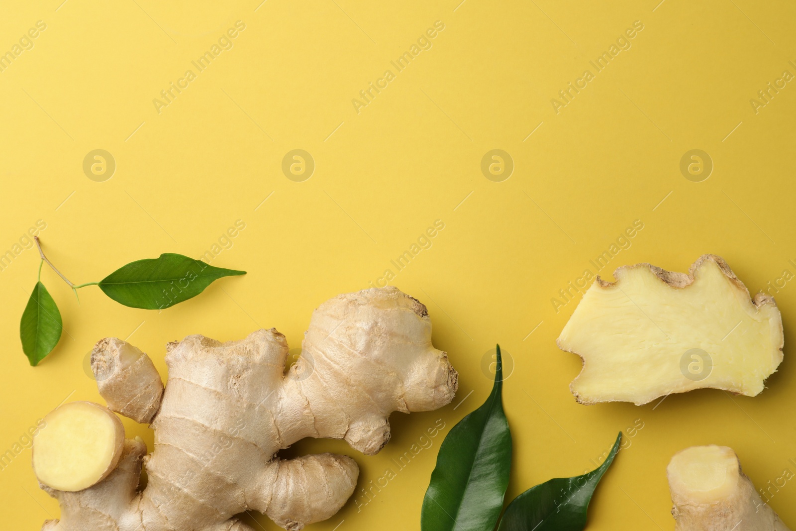 Photo of Fresh ginger with green leaves on pale light yellow background, flat lay. Space for text
