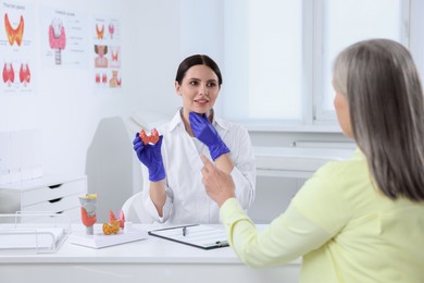 Photo of Endocrinologist showing thyroid gland model to patient at table in hospital